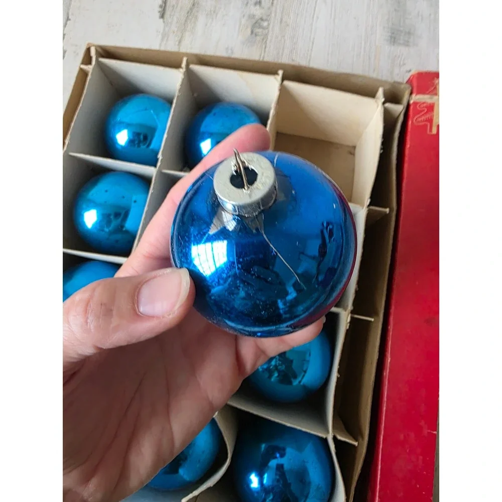 Vintage Frankie blue solid glass ornament set box Xmas tree